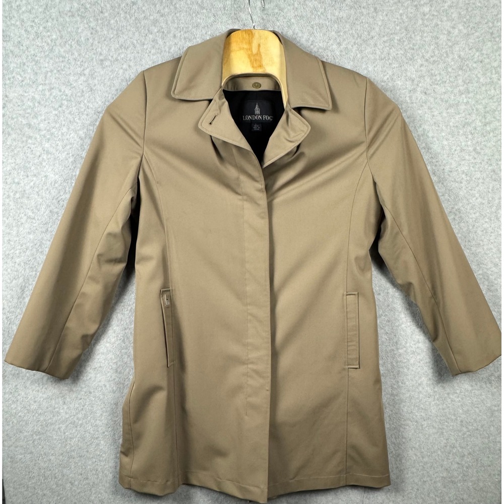 London Fog Trench Coat Women Large Tan Khaki Mid Length Hidden Button Jacket